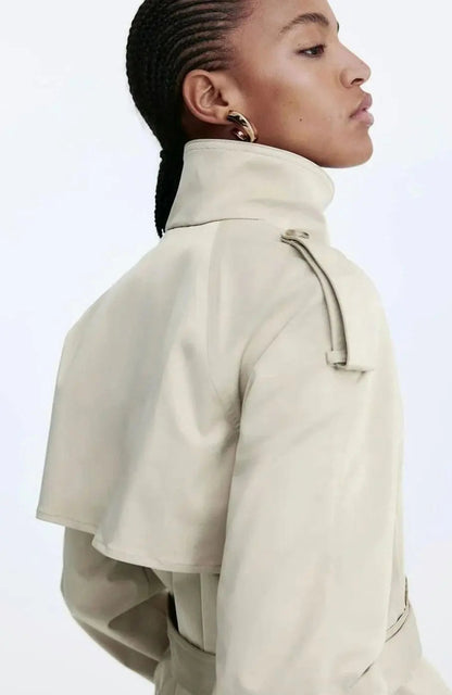 Cropped Trench Coat Women – Double-Breasted Stand Collar Belted Jacket