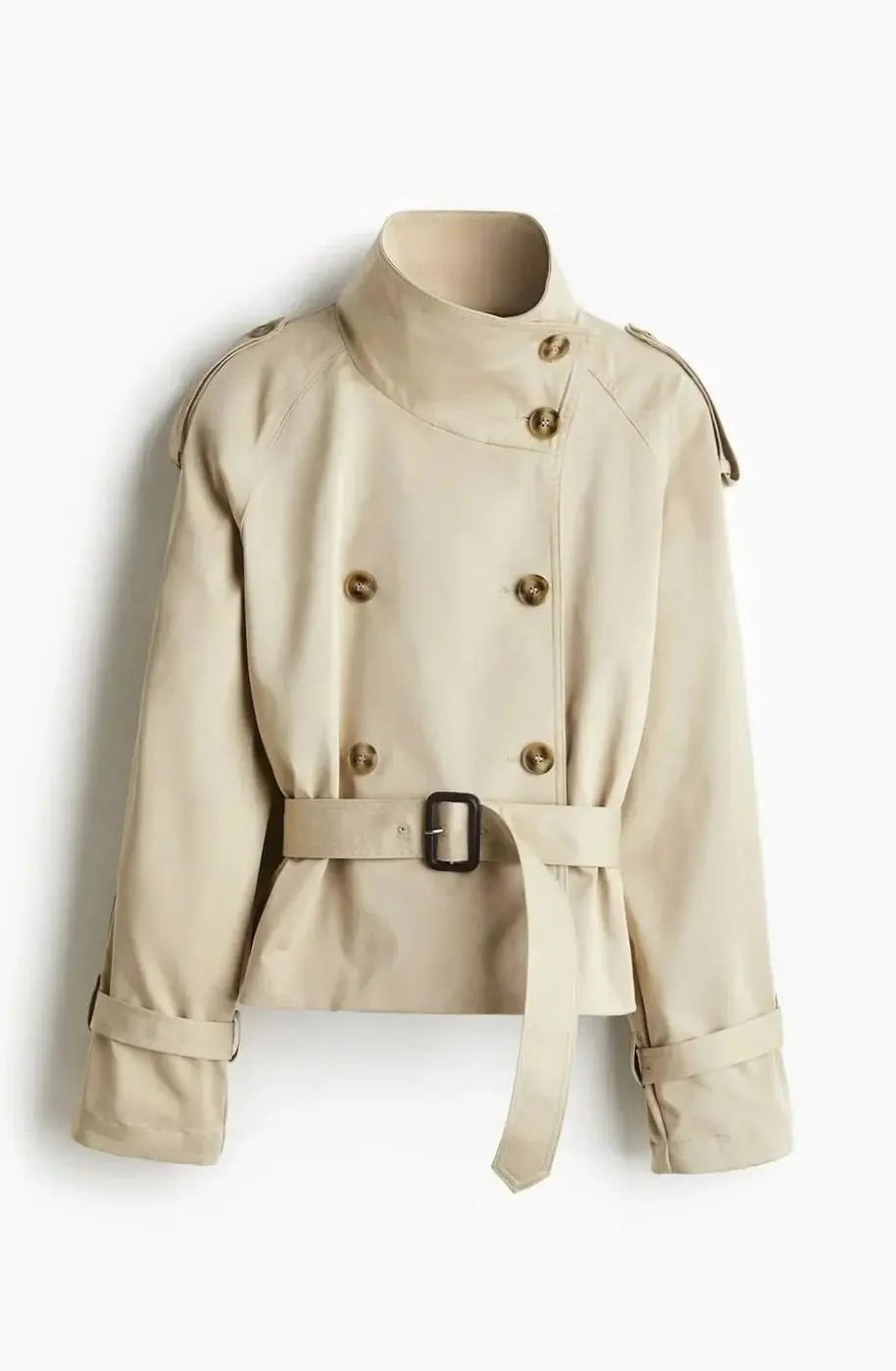 Cropped Trench Coat Women – Double-Breasted Stand Collar Belted Jacket