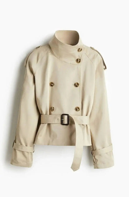 Cropped Trench Coat Women – Double-Breasted Stand Collar Belted Jacket