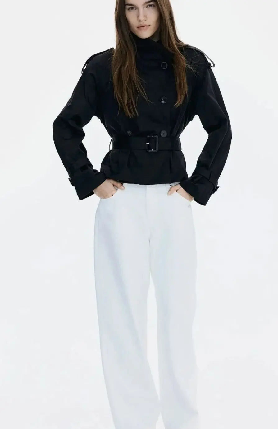 Cropped Trench Coat Women – Double-Breasted Stand Collar Belted Jacket