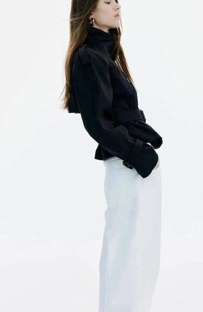 Cropped Trench Coat Women – Double-Breasted Stand Collar Belted Jacket