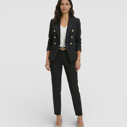 Double-Breasted Gold Button Blazer Trouser Suit Set – Tailored Two-Piece