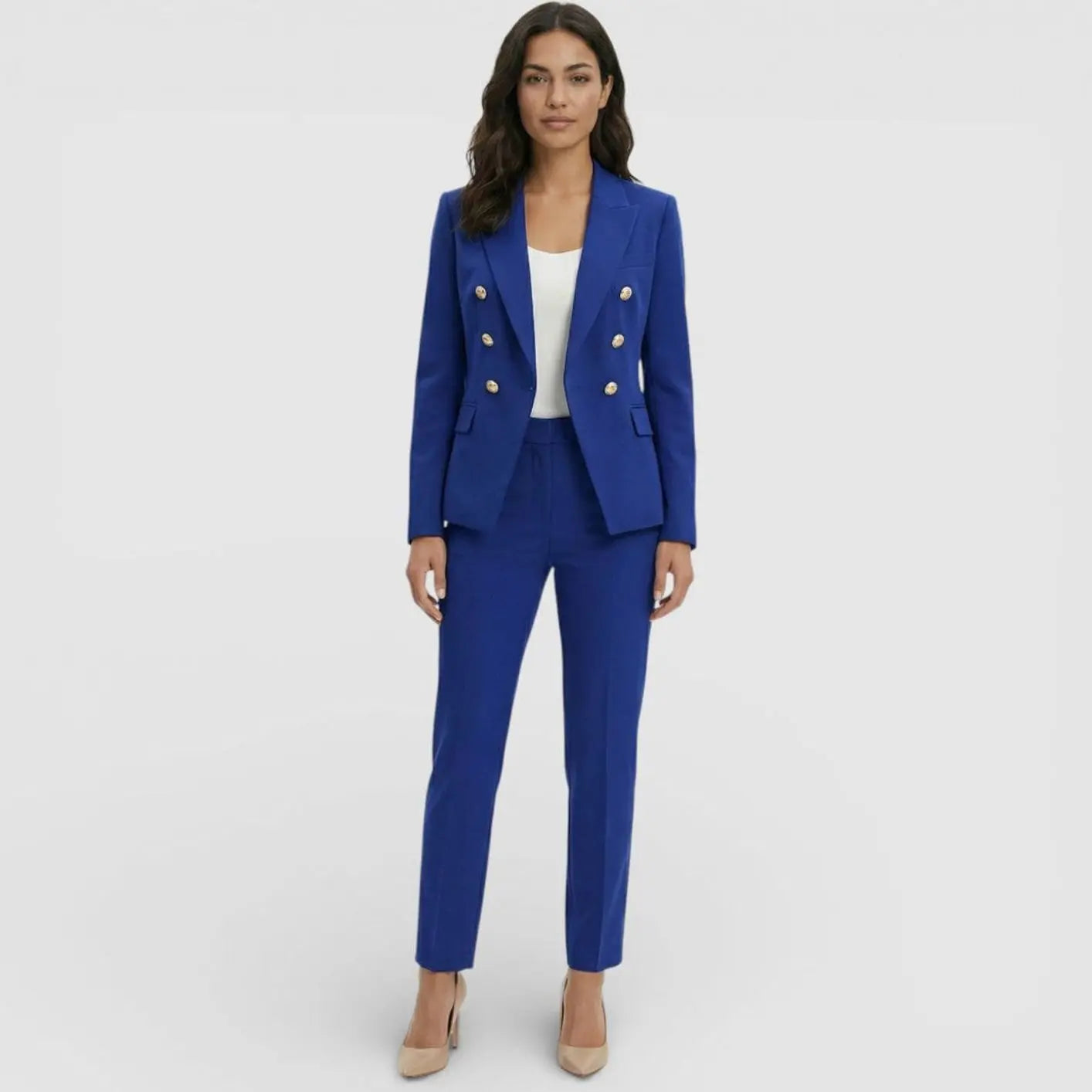 Double-Breasted Gold Button Blazer Trouser Suit Set – Tailored Two-Piece