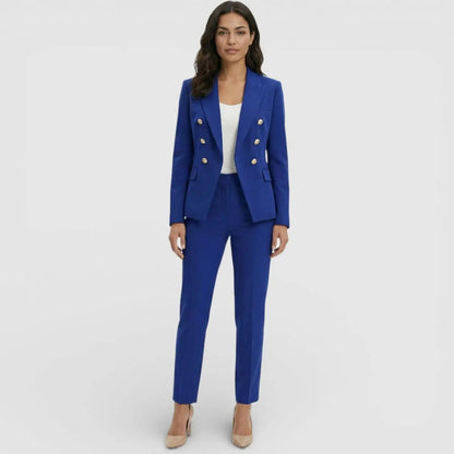 Double-Breasted Gold Button Blazer Trouser Suit Set – Tailored Two-Piece