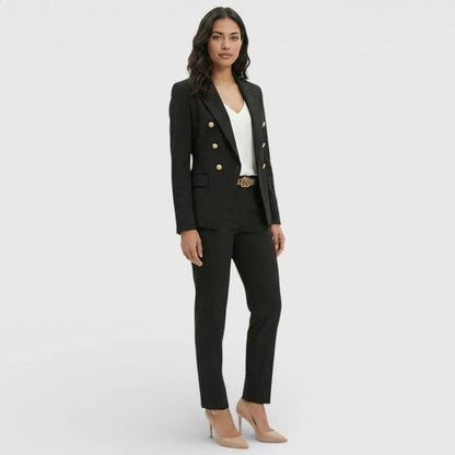 Double-Breasted Gold Button Blazer Trouser Suit Set – Tailored Two-Piece