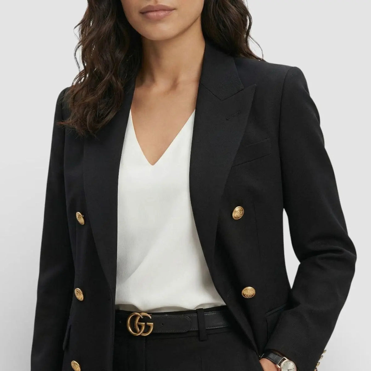 Double-Breasted Gold Button Blazer Trouser Suit Set – Tailored Two-Piece