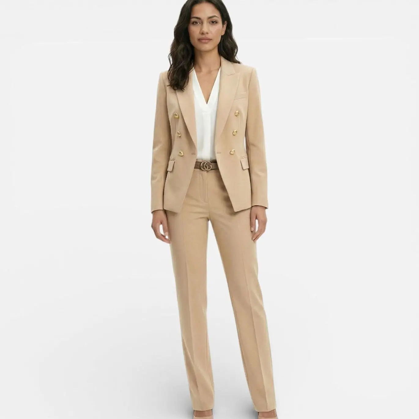 Double-Breasted Gold Button Blazer Trouser Suit Set – Tailored Two-Piece