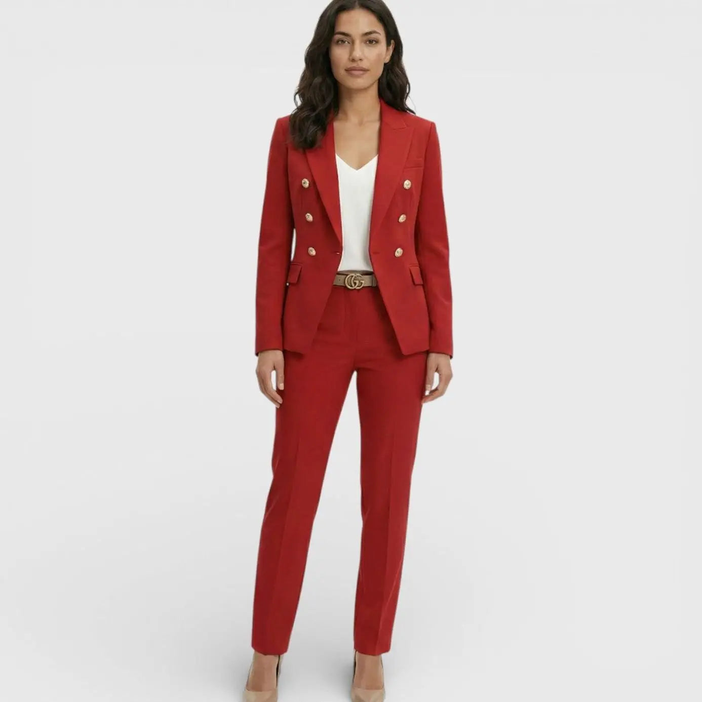 Double-Breasted Gold Button Blazer Trouser Suit Set – Tailored Two-Piece