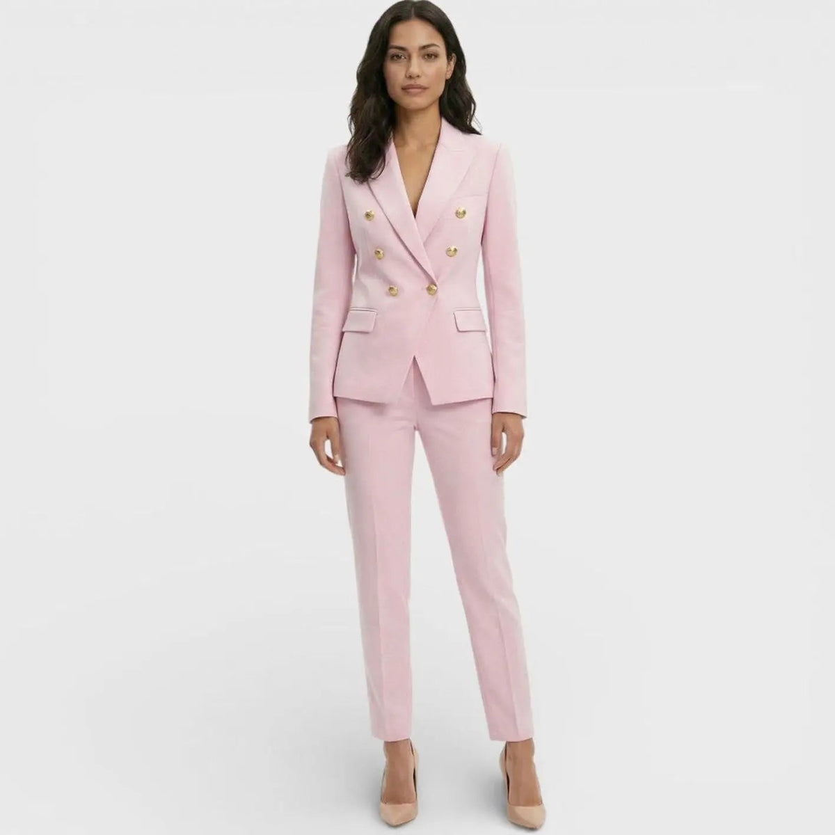 Double-Breasted Gold Button Blazer Trouser Suit Set – Tailored Two-Piece