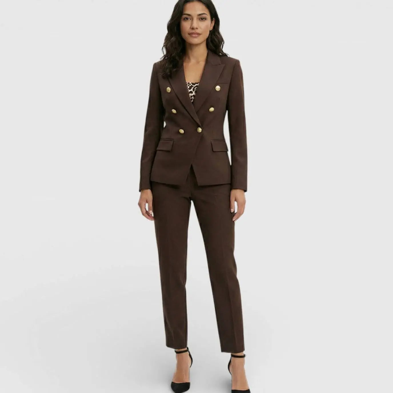 Double-Breasted Gold Button Blazer Trouser Suit Set – Tailored Two-Piece