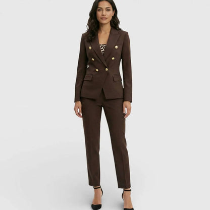 Double-Breasted Gold Button Blazer Trouser Suit Set – Tailored Two-Piece