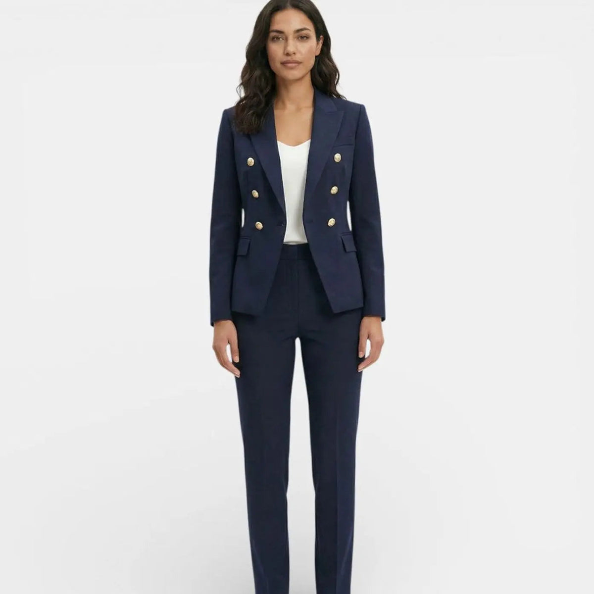 Double-Breasted Gold Button Blazer Trouser Suit Set – Tailored Two-Piece