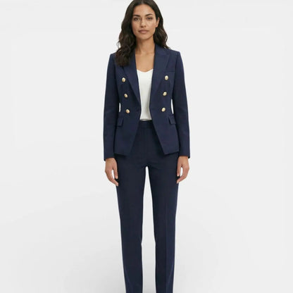 Double-Breasted Gold Button Blazer Trouser Suit Set – Tailored Two-Piece