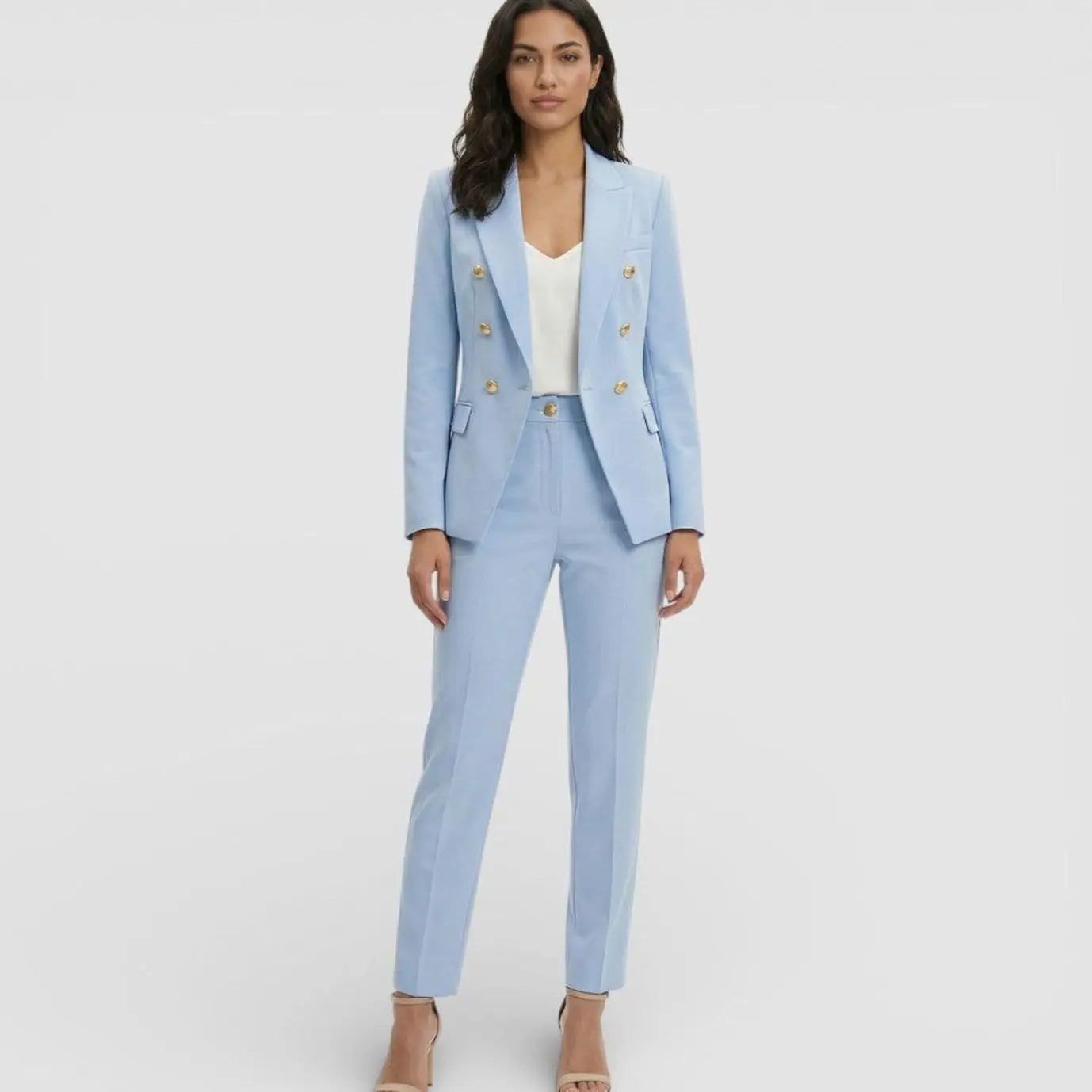 Double-Breasted Gold Button Blazer Trouser Suit Set – Tailored Two-Piece