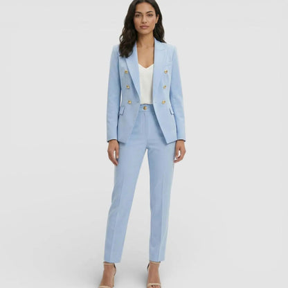 Double-Breasted Gold Button Blazer Trouser Suit Set – Tailored Two-Piece