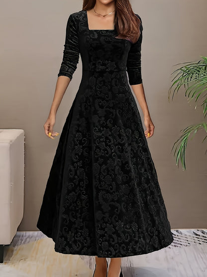 Velvet Embossed A-Line Midi Dress – Square Neck 3/4 Sleeve