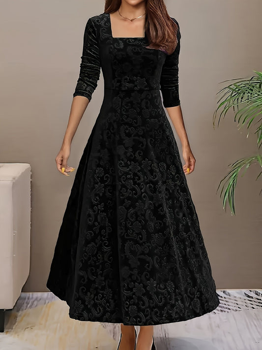 Velvet Embossed A-Line Midi Dress – Square Neck 3/4 Sleeve