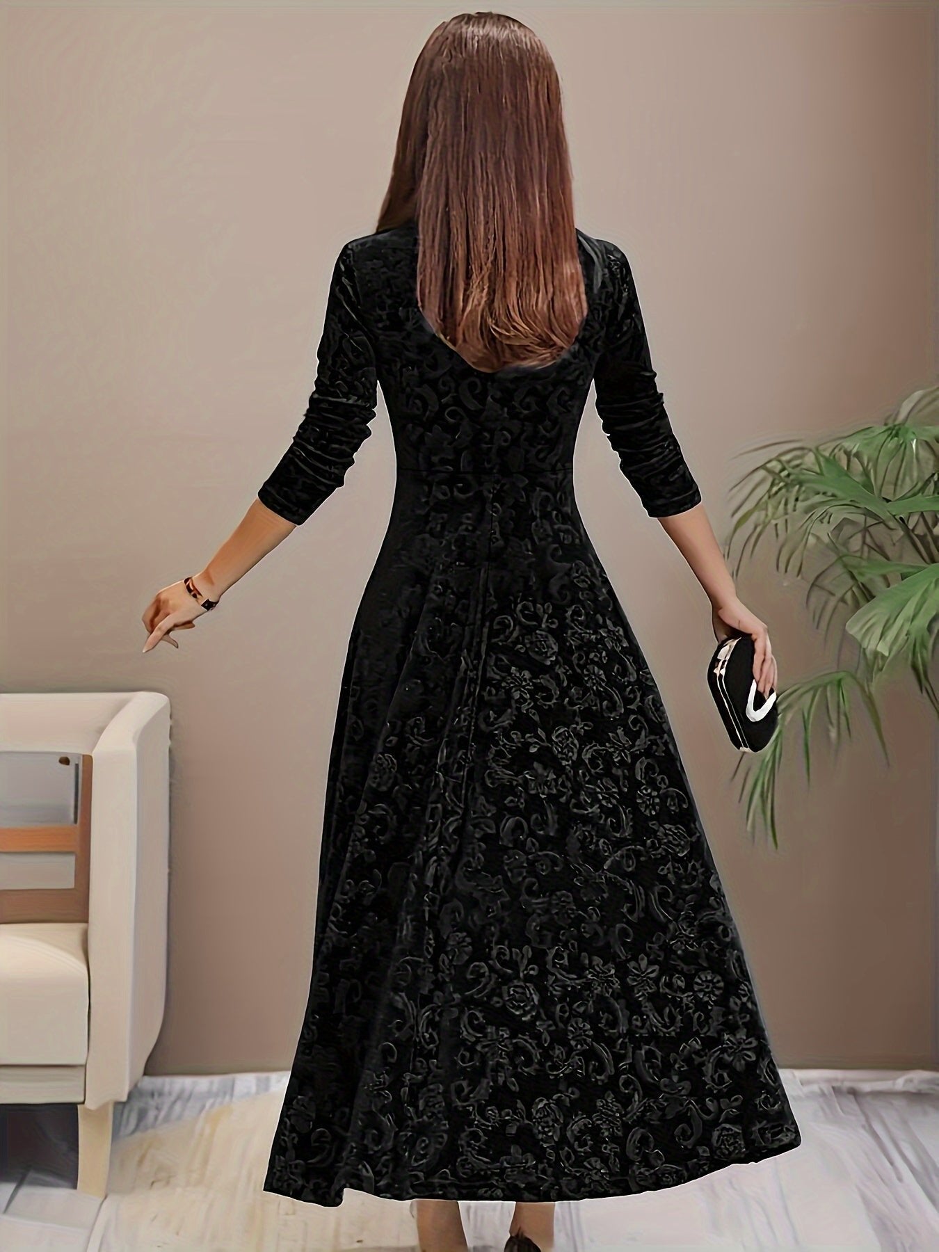 Velvet Embossed A-Line Midi Dress – Square Neck 3/4 Sleeve