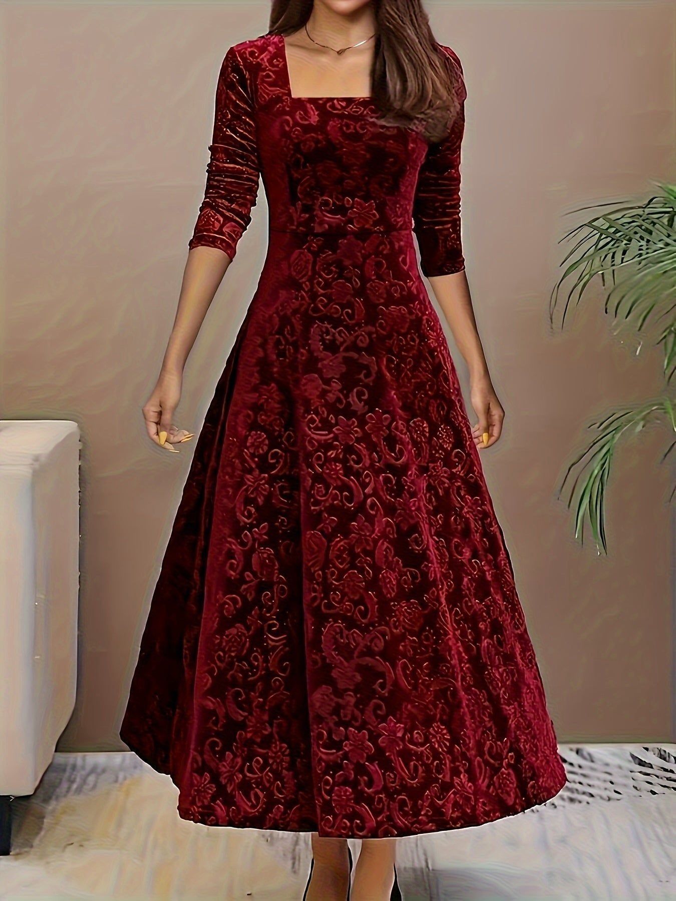 Velvet Embossed A-Line Midi Dress – Square Neck 3/4 Sleeve