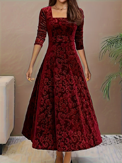 Velvet Embossed A-Line Midi Dress – Square Neck 3/4 Sleeve