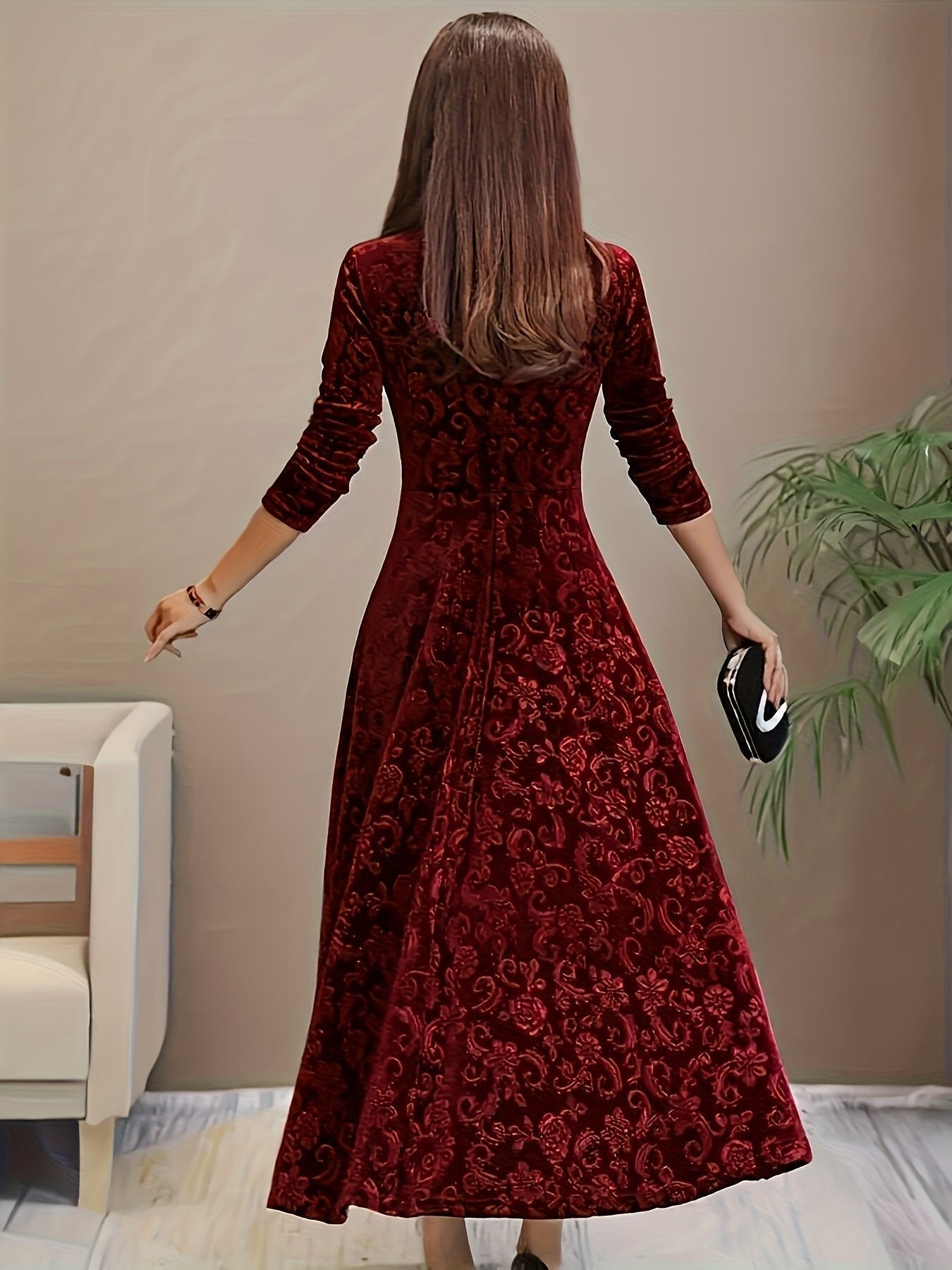 Velvet Embossed A-Line Midi Dress – Square Neck 3/4 Sleeve