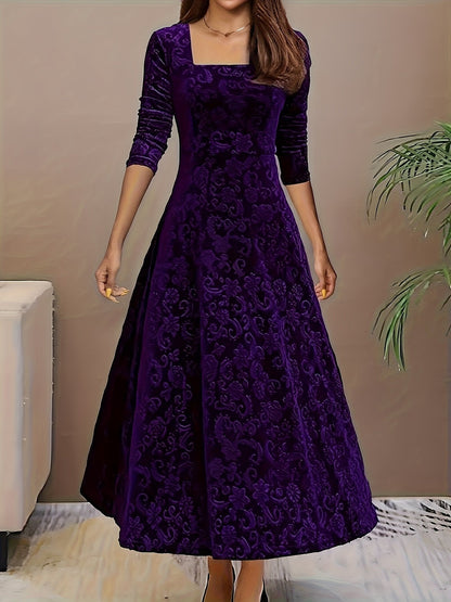 Velvet Embossed A-Line Midi Dress – Square Neck 3/4 Sleeve