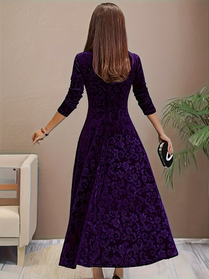Velvet Embossed A-Line Midi Dress – Square Neck 3/4 Sleeve