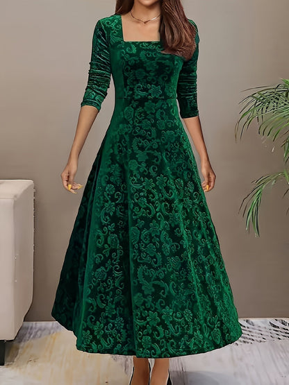 Velvet Embossed A-Line Midi Dress – Square Neck 3/4 Sleeve