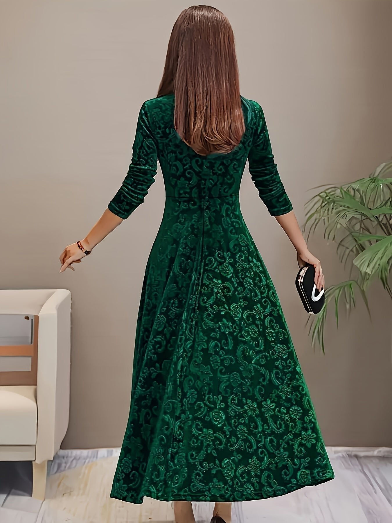 Velvet Embossed A-Line Midi Dress – Square Neck 3/4 Sleeve
