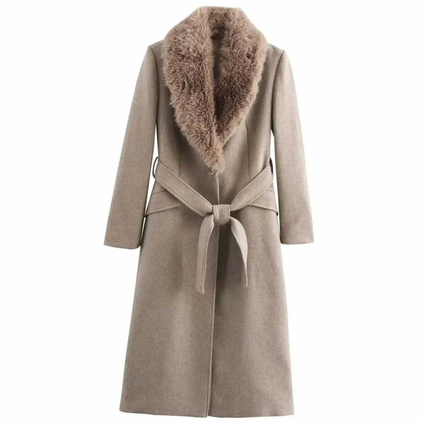 Faux Fur Collar Longline Winter Coat – Belted Wrap Coat