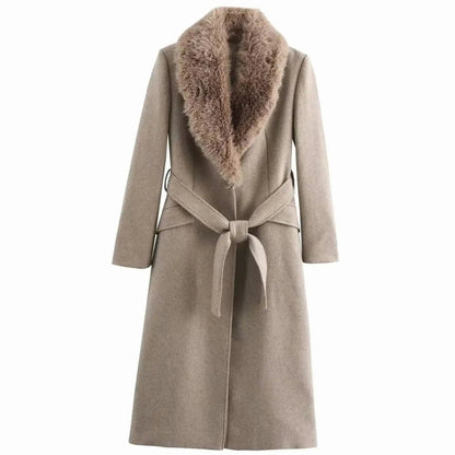 Faux Fur Collar Longline Winter Coat – Belted Wrap Coat