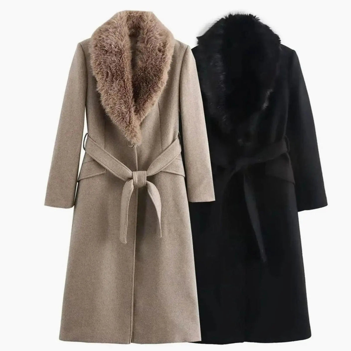 Faux Fur Collar Longline Winter Coat – Belted Wrap Coat