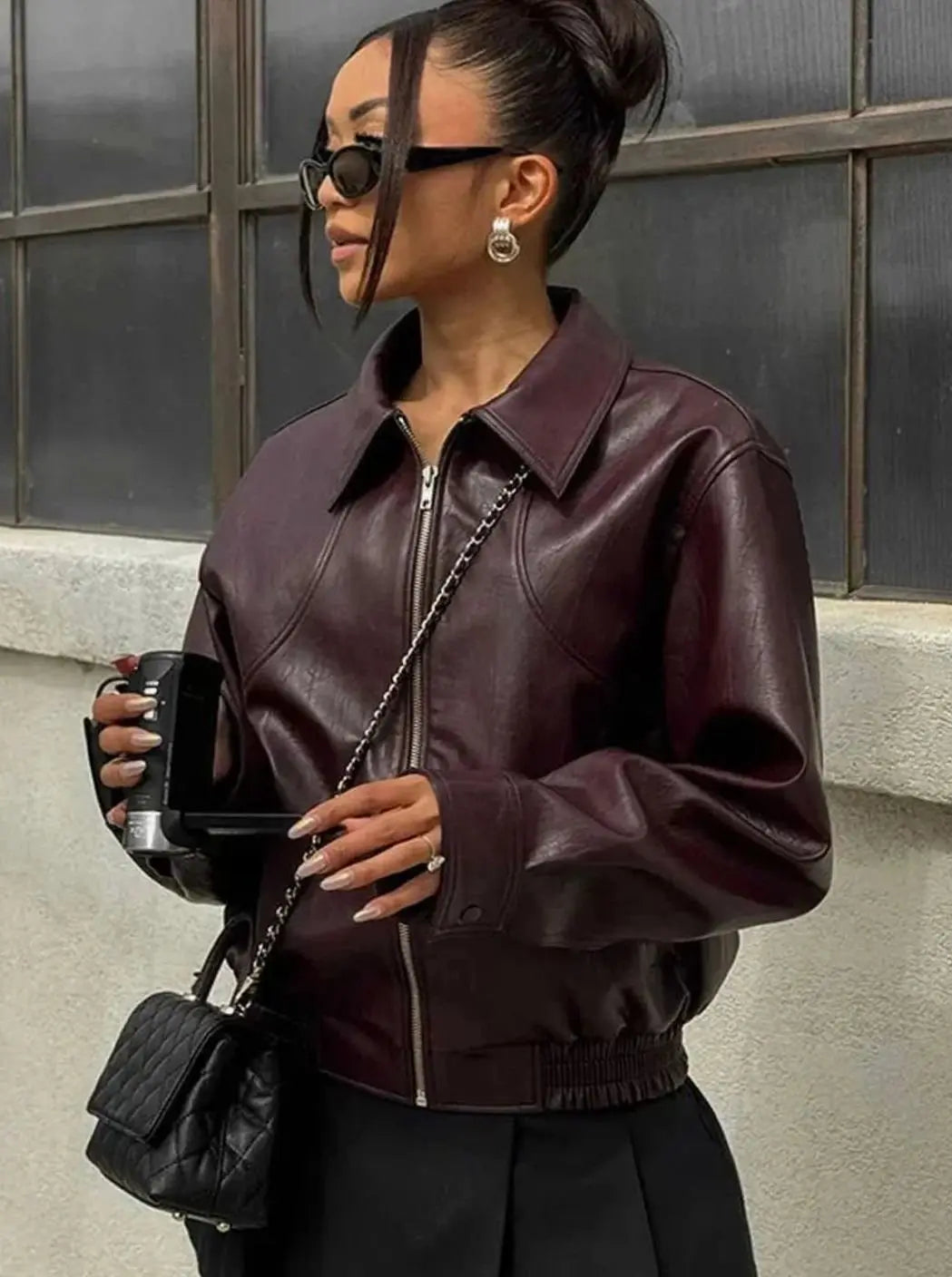 Faux Leather Cropped Bomber Jacket – Burgundy Zip-Up Street Style