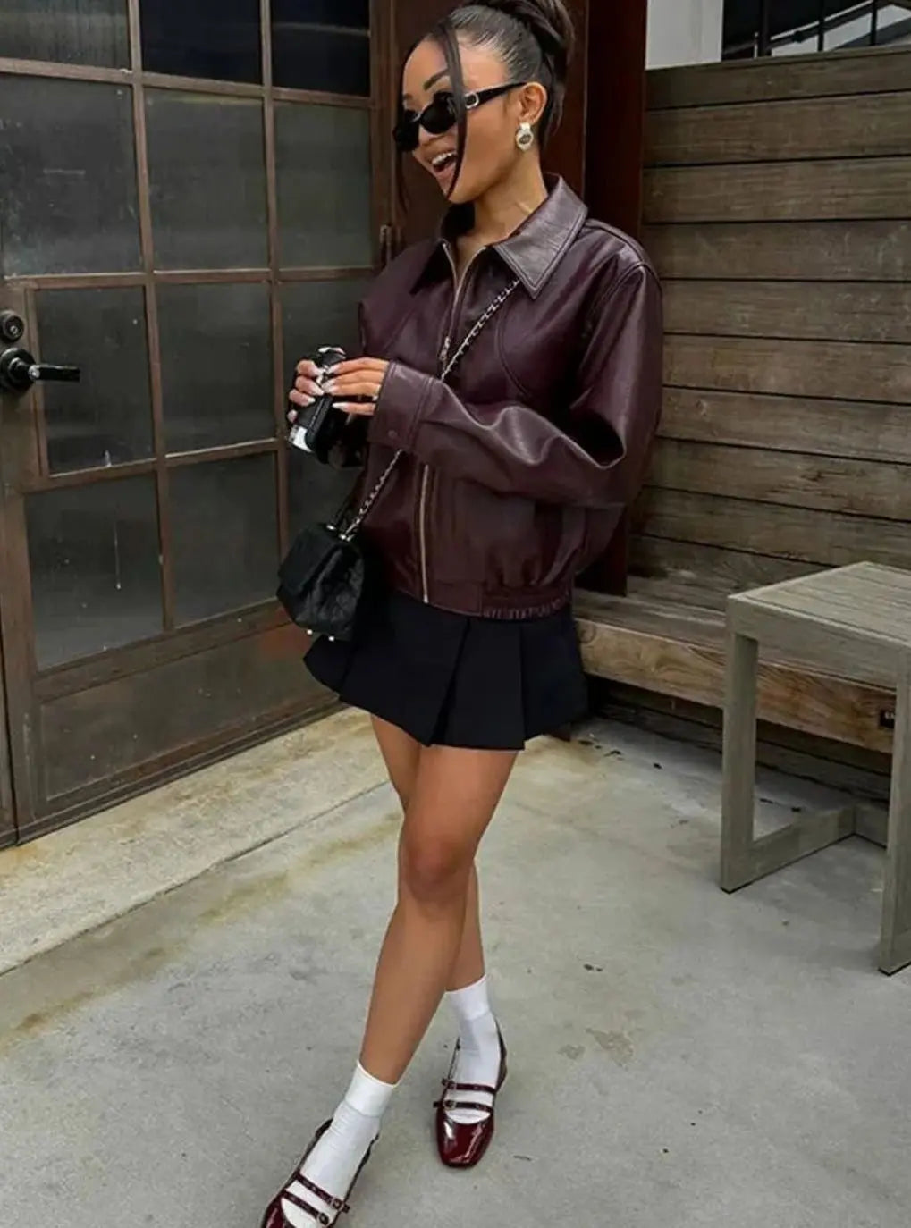 Faux Leather Cropped Bomber Jacket – Burgundy Zip-Up Street Style