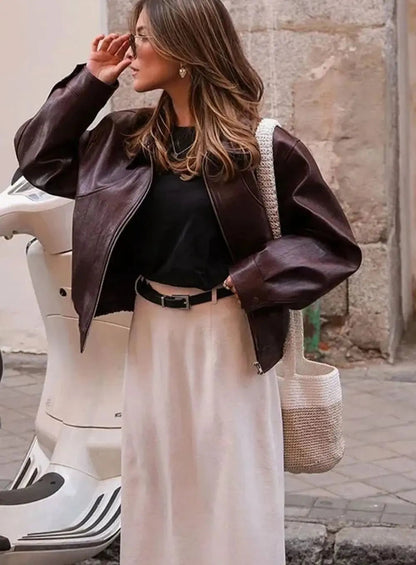 Faux Leather Cropped Bomber Jacket – Burgundy Zip-Up Street Style