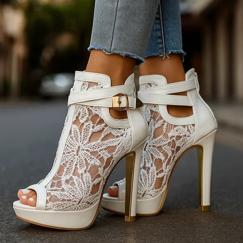 Lace Peep Toe Platform Heels – Floral Ankle Strap Stiletto Boots