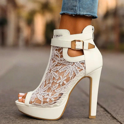 Lace Peep Toe Platform Heels – Floral Ankle Strap Stiletto Boots