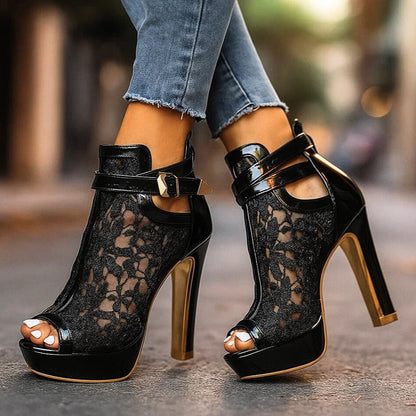 Lace Peep Toe Platform Heels – Floral Ankle Strap Stiletto Boots