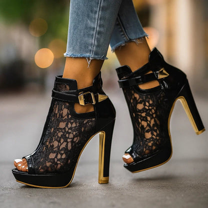 Lace Peep Toe Platform Heels – Floral Ankle Strap Stiletto Boots
