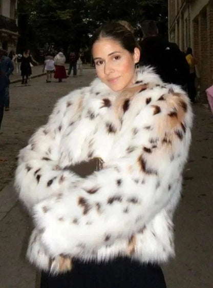 Leopard Print Faux Fur Cropped Jacket – Long Sleeve Statement Outerwear
