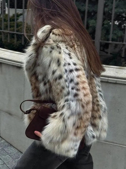 Leopard Print Faux Fur Cropped Jacket – Long Sleeve Statement Outerwear