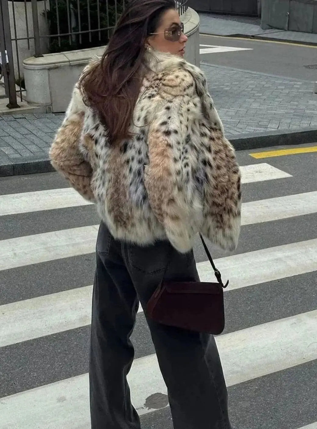 Leopard Print Faux Fur Cropped Jacket – Long Sleeve Statement Outerwear