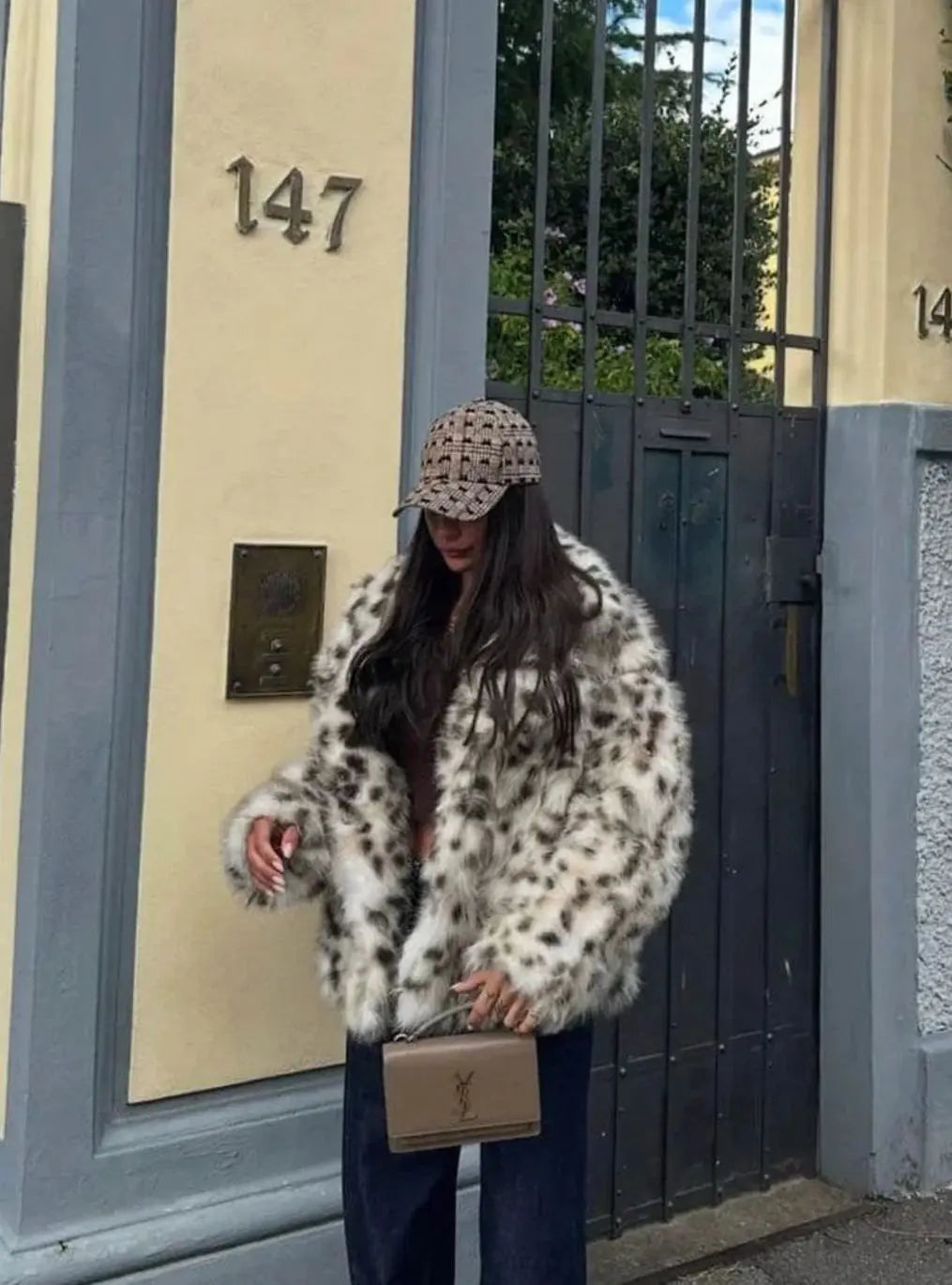 Leopard Print Faux Fur Cropped Jacket – Long Sleeve Statement Outerwear
