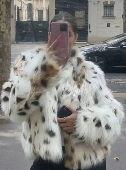 Leopard Print Faux Fur Cropped Jacket – Long Sleeve Statement Outerwear
