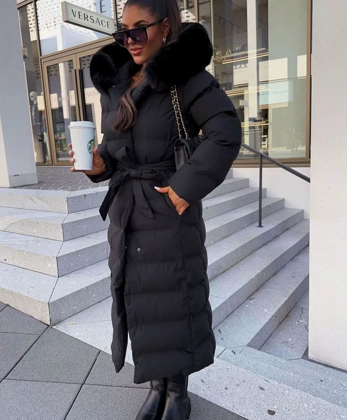 Maxi Puffer Coat with Faux Fur Hood – Belted Long Quilted Winter Coat