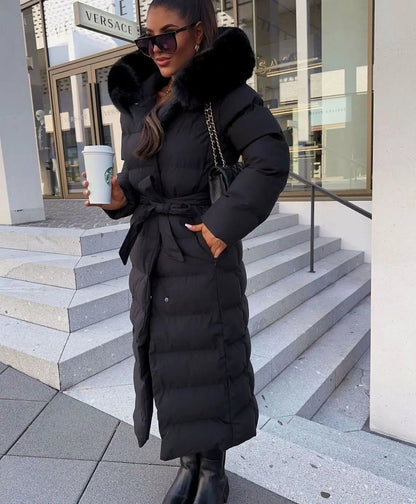 Maxi Puffer Coat with Faux Fur Hood – Belted Long Quilted Winter Coat