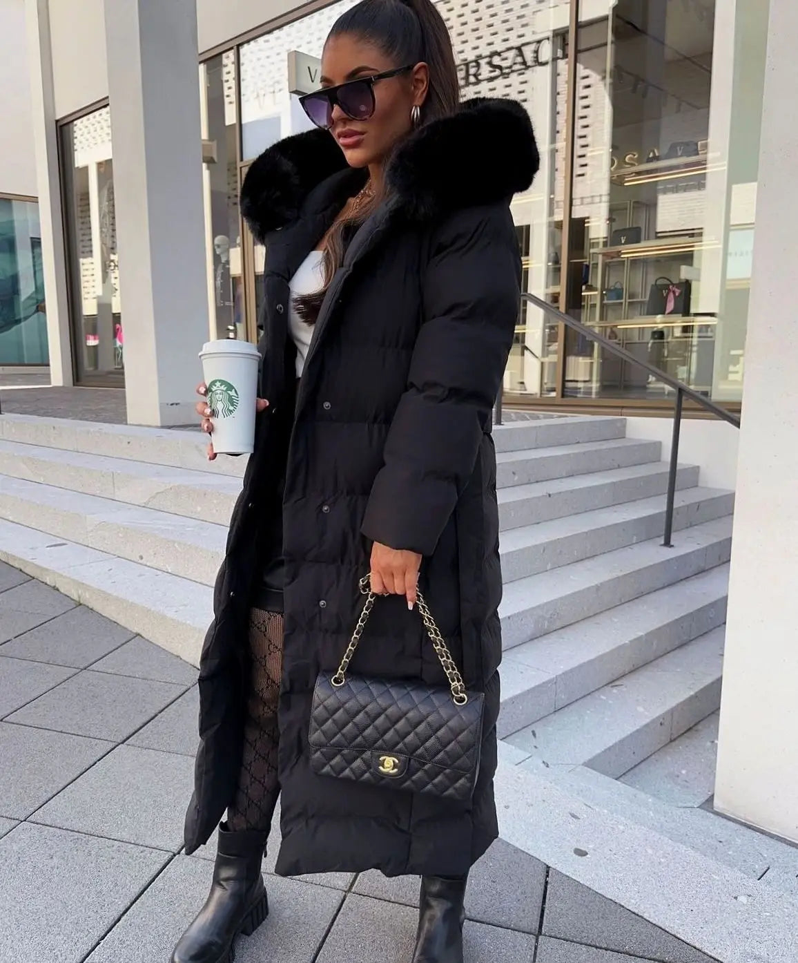 Maxi Puffer Coat with Faux Fur Hood – Belted Long Quilted Winter Coat