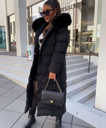 Maxi Puffer Coat with Faux Fur Hood – Belted Long Quilted Winter Coat