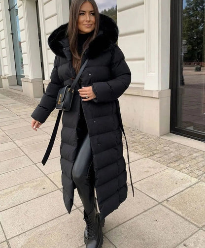 Maxi Puffer Coat with Faux Fur Hood – Belted Long Quilted Winter Coat