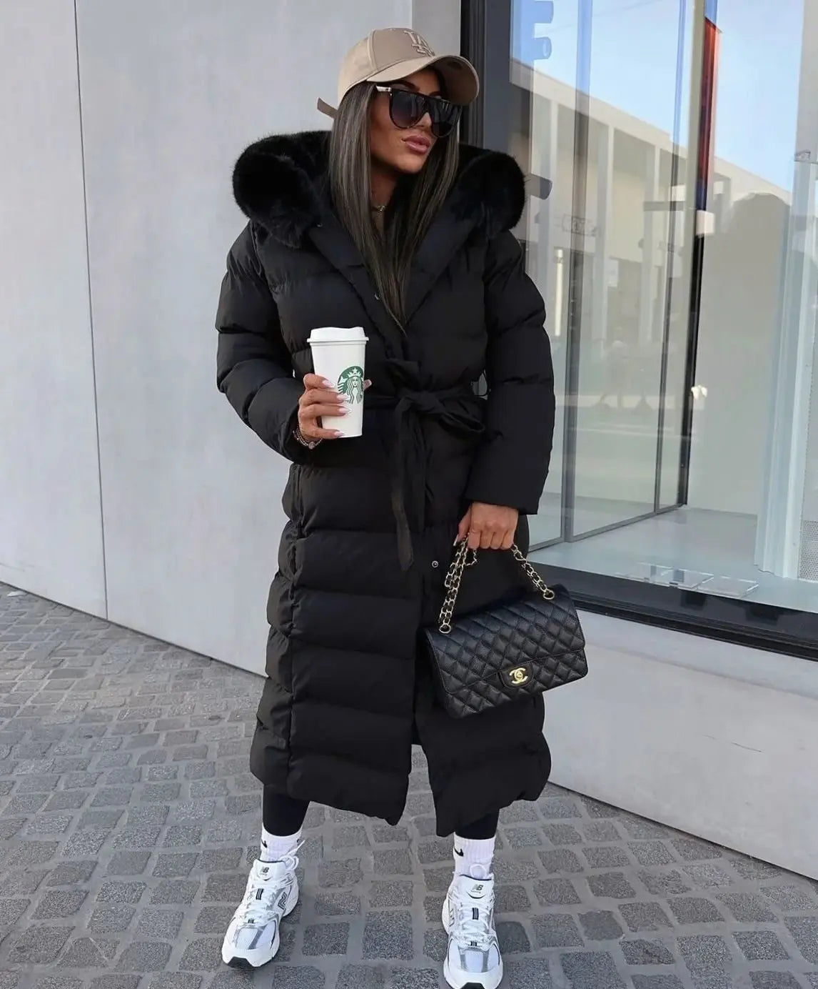 Maxi Puffer Coat with Faux Fur Hood – Belted Long Quilted Winter Coat